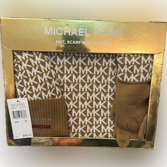 Michael Kors Accessories - Michael Kors Logo Camel/Tan Gloves, Hat and Scarf Set